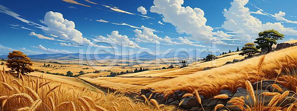 사람없음 JPG 디지털합성 편집이미지 가을(계절) 구름(자연) 나무 농경지 농작물 밀 밀밭 바위(돌) 시골 자연 풍경(경치) 하늘