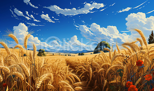 사람없음 JPG 디지털합성 편집이미지 가을(계절) 구름(자연) 꽃 나무 농경지 농작물 밀 밀밭 시골 자연 풍경(경치) 하늘