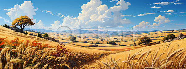 사람없음 JPG 디지털합성 편집이미지 가을(계절) 구름(자연) 나무 농경지 농작물 밀 밀밭 바위(돌) 시골 자연 풀(식물) 풍경(경치) 하늘