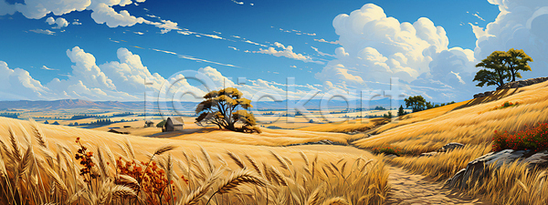 사람없음 JPG 디지털합성 편집이미지 가을(계절) 구름(자연) 길 나무 나무집 농경지 농작물 밀 밀밭 바위(돌) 시골 자연 풍경(경치) 하늘