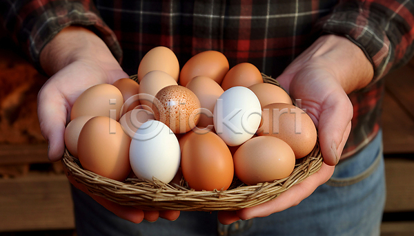 사람 신체부위 한명 JPG 편집이미지 계란 들기 라탄바구니 상반신 손