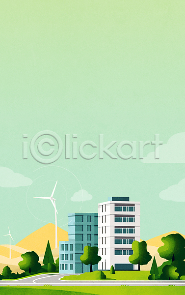 사람없음 JPG 일러스트 건물 구름(자연) 그린시티 그린에너지 나무 도로 도시 백그라운드 산 에코 자연보호 주택 초록색 친환경 카피스페이스 풍경(경치) 풍력기