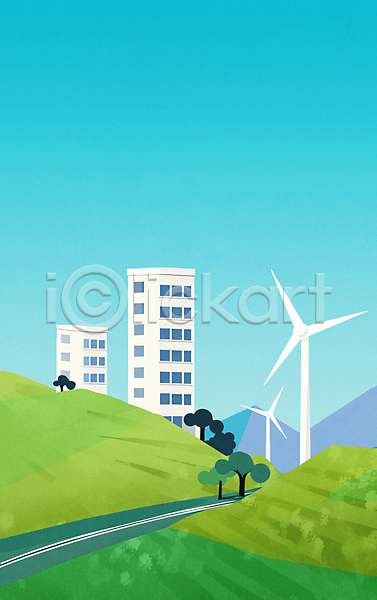 사람없음 JPG 일러스트 건물 그린시티 그린에너지 나무 도로 도시 백그라운드 산 언덕 에코 자연보호 주택 친환경 풍경(경치) 풍력기 풍력발전소 하늘