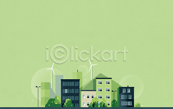 사람없음 JPG 일러스트 가로등 건물 그린시티 그린에너지 나무 도시 백그라운드 산 에코 원형 자연보호 주택 초록색 친환경 카피스페이스 풍력기 풍력발전소