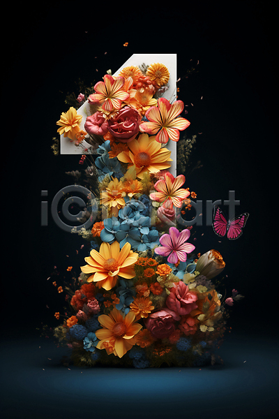 화려 사람없음 JPG 편집이미지 1 꽃 나비 디자인 숫자 잎 컬러풀 타이포그라피 풀(식물)