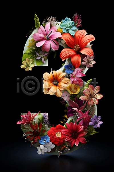 화려 사람없음 JPG 편집이미지 3 꽃 디자인 숫자 잎 컬러풀 타이포그라피 풀(식물)