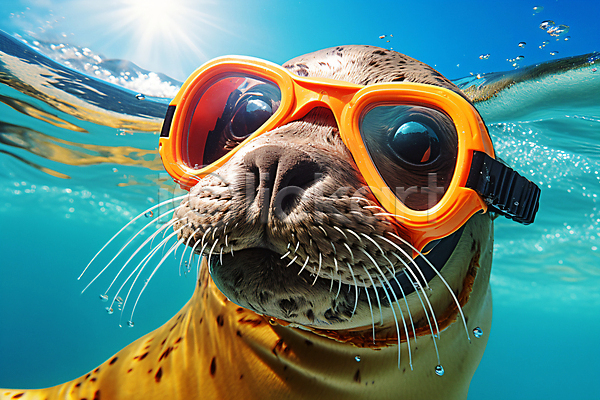 사람없음 JPG 디지털합성 편집이미지 물방울 바다 바다동물 바다사자 여름(계절) 잠수경 한마리 햇빛