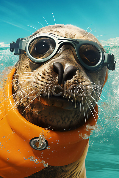 사람없음 JPG 디지털합성 편집이미지 물방울 바다 바다동물 바다사자 여름(계절) 잠수경 튀는물 한마리