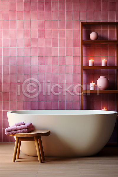 사람없음 JPG 편집이미지 백그라운드 분홍색 사기그릇 수건 욕실 욕조 인테리어 초 타일 타일벽 탁자