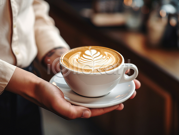 사람 성인 성인한명만 한명 JPG 편집이미지 들기 라떼아트 머그컵 상반신 주기 카페 카페라떼 커피잔 컵받침