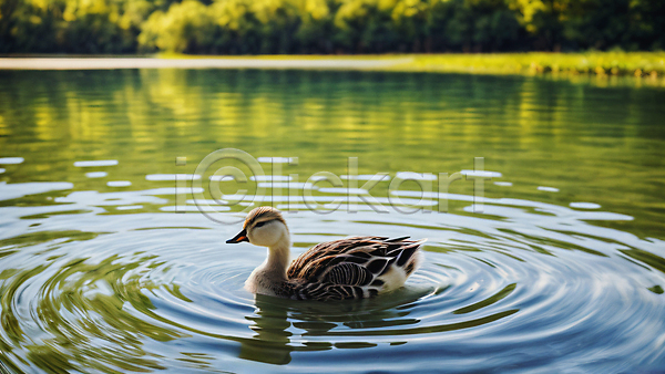 사람없음 JPG 디지털합성 편집이미지 새끼 여름(계절) 오리 자연 초록색 풍경(경치) 한마리 호수