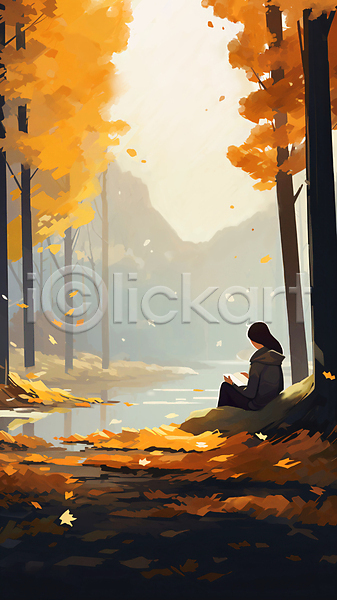 성인 성인여자한명만 여자 한명 JPG 일러스트 가을(계절) 강 나뭇잎 낙엽 단풍나무 독서 백그라운드 산 앉기 전신 책 풍경(경치)
