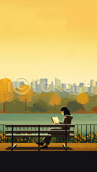성인 성인여자한명만 여자 한명 JPG 일러스트 가을(계절) 강 건물 공원 나뭇잎 낙엽 난간 노란색 독서 들기 백그라운드 벤치 앉기 전신 책 풍경(경치) 하늘