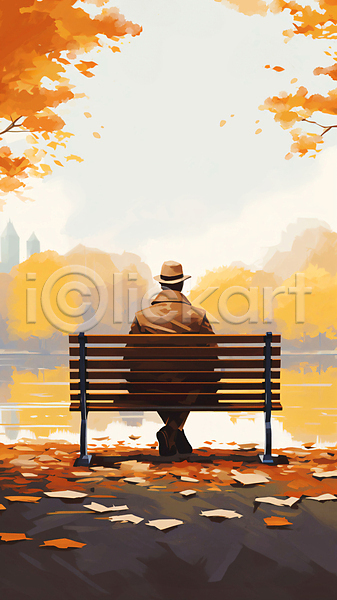 남자 성인 성인남자한명만 한명 JPG 일러스트 가을(계절) 강 나뭇잎 낙엽 단풍나무 백그라운드 벤치 앉기 전신 페도라 풍경(경치)