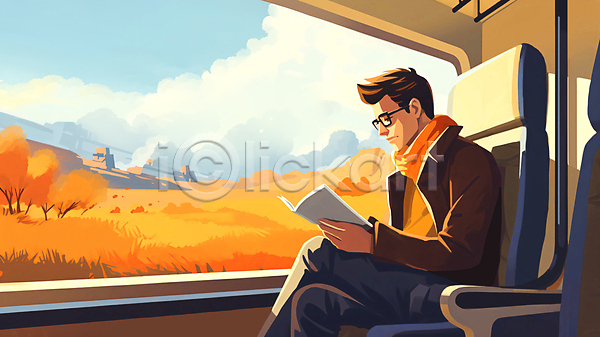 남자 성인 성인남자한명만 한명 JPG 일러스트 가을(계절) 구름(자연) 기차 단풍나무 독서 들기 목도리 백그라운드 상반신 안경낌 앉기 의자 책 풍경(경치) 하늘