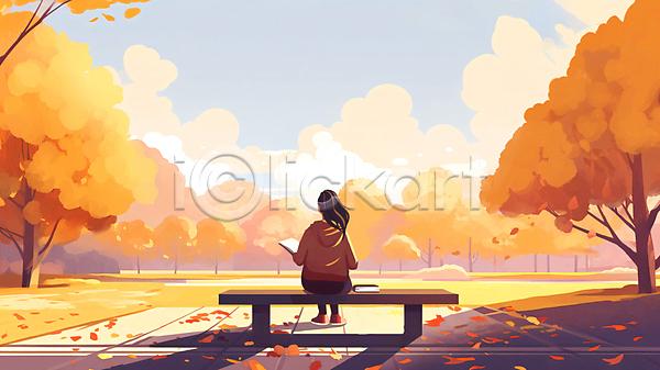 성인 성인여자한명만 여자 한명 JPG 일러스트 가을(계절) 공원 구름(자연) 나뭇잎 낙엽 단풍나무 독서 백그라운드 벤치 앉기 전신 책 풍경(경치) 하늘