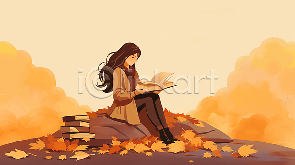 성인 성인여자한명만 여자 한명 JPG 일러스트 가을(계절) 나뭇잎 낙엽 독서 목도리 바위 백그라운드 앉기 전신 책더미 코트 풍경(경치)
