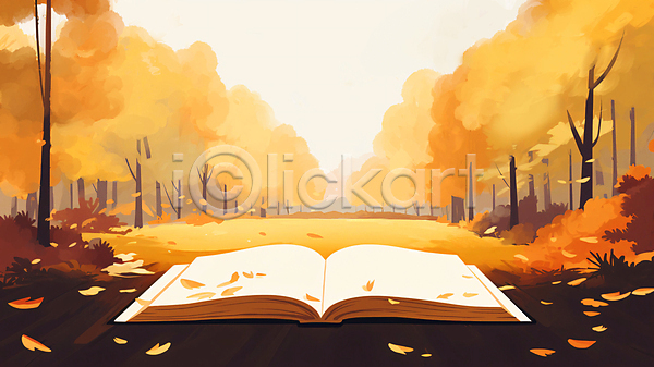 사람없음 JPG 일러스트 가을(계절) 나뭇잎 낙엽 단풍나무 독서 백그라운드 산책로 책 풍경(경치)