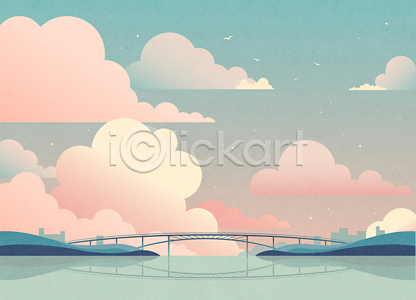 사람없음 AI(파일형식) 일러스트 갈매기 강 구름(자연) 다리(건축물) 민트색 바다 반사 백그라운드 별 분홍색 섬 컬러풀 파스텔톤 판타지 풍경(경치) 하늘