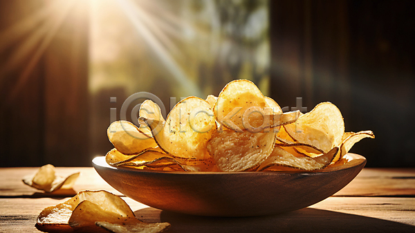 사람없음 JPG 디지털합성 편집이미지 감자 감자칩 과자 나무그릇 나무탁자 담기 디저트 칩(음식) 편집소스 햇빛