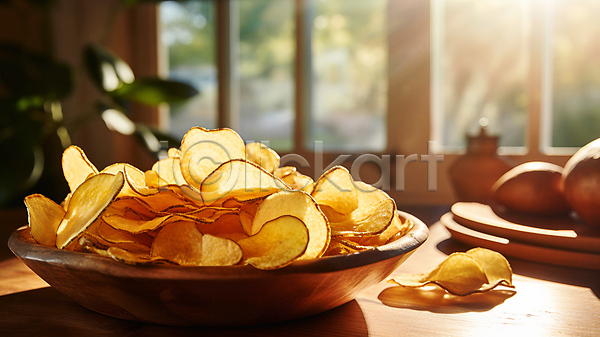 사람없음 JPG 디지털합성 편집이미지 감자 감자칩 과자 나무그릇 나무탁자 담기 디저트 창문 칩(음식) 편집소스 햇빛