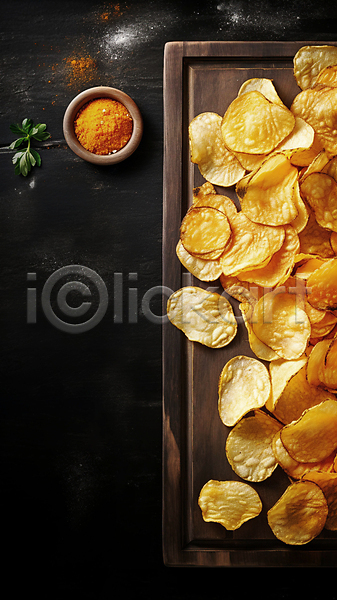사람없음 JPG 디지털합성 편집이미지 가루 감자 감자칩 과자 나무도마 디저트 칩(음식) 편집소스