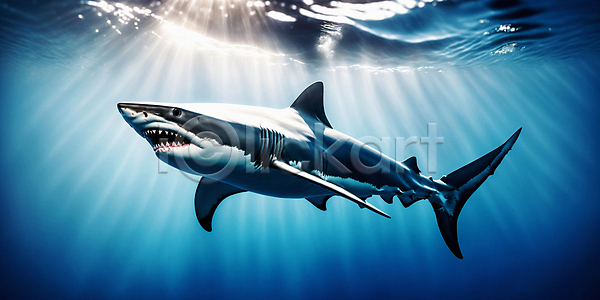 사람없음 JPG 디지털합성 편집이미지 바다 바다동물 바닷속 상어 파란색 한마리