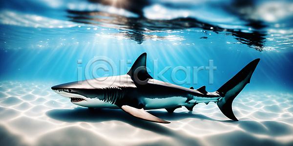 사람없음 JPG 디지털합성 편집이미지 물결 바다 바다동물 바닷속 상어 파란색 한마리