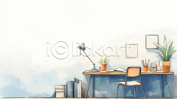 사람없음 JPG 일러스트 가방 백그라운드 수채화(물감) 스탠드 액자 연필 연필꽂이 의자 인테리어 작업실 책 책상 카피스페이스 화분