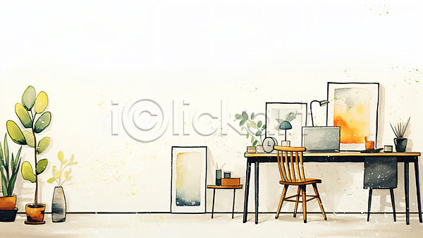 사람없음 JPG 일러스트 그림 노트북 백그라운드 수채화(물감) 스탠드 시계 액자 연필꽂이 의자 인테리어 작업실 책상 카피스페이스 협탁 화분