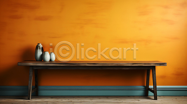 사람없음 JPG 디지털합성 편집이미지 나무탁자 백그라운드 벽 오브젝트 웨인스코팅 주황색 카피스페이스 항아리