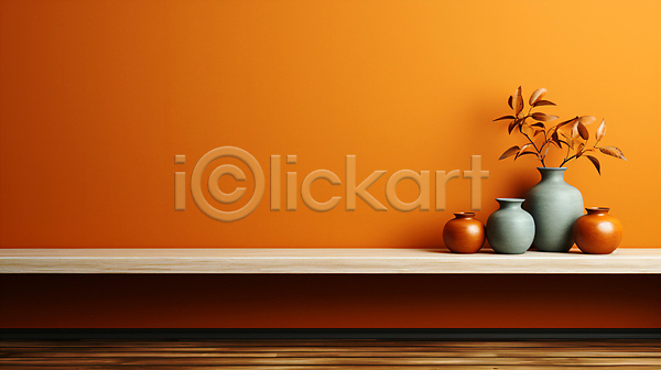 사람없음 JPG 디지털합성 편집이미지 백그라운드 벽 선반 오브젝트 주황색 카피스페이스 항아리 화분