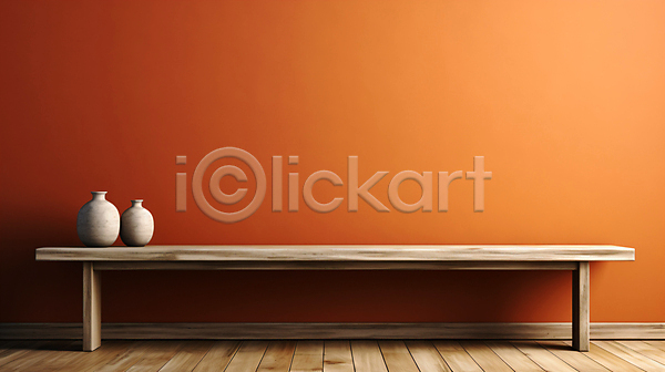 사람없음 JPG 디지털합성 편집이미지 나무바닥 나무탁자 백그라운드 벽 오브젝트 주황색 카피스페이스 항아리