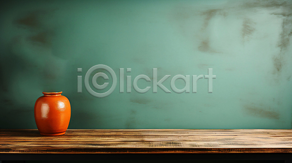 사람없음 JPG 디지털합성 편집이미지 나무탁자 백그라운드 벽 선반 오브젝트 초록색 카피스페이스 항아리