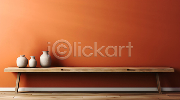 사람없음 JPG 디지털합성 편집이미지 나무탁자 백그라운드 벽 오브젝트 주황색 카피스페이스 항아리