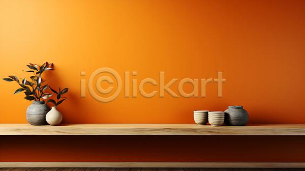 사람없음 JPG 디지털합성 편집이미지 나무탁자 백그라운드 벽 선반 오브젝트 주황색 카피스페이스 항아리 화분