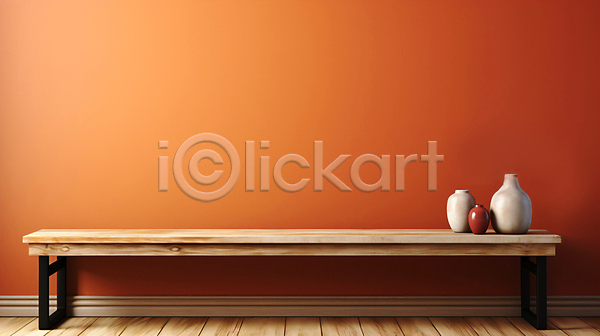 사람없음 JPG 디지털합성 편집이미지 나무탁자 백그라운드 벽 오브젝트 주황색 카피스페이스 항아리