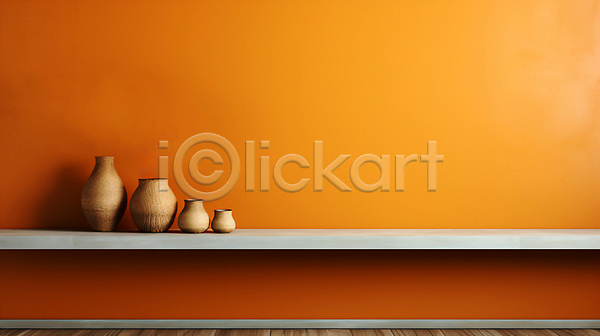 사람없음 JPG 디지털합성 편집이미지 백그라운드 벽 선반 오브젝트 주황색 카피스페이스 탁자 항아리