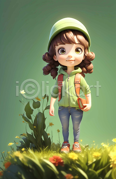 성인 성인여자한명만 여자 한명 JPG 편집이미지 꽃 다이어리 들기 모자(잡화) 서기 아웃도어 야외 인물캐릭터 잔디 전신 초록색 캠핑 풀(식물)