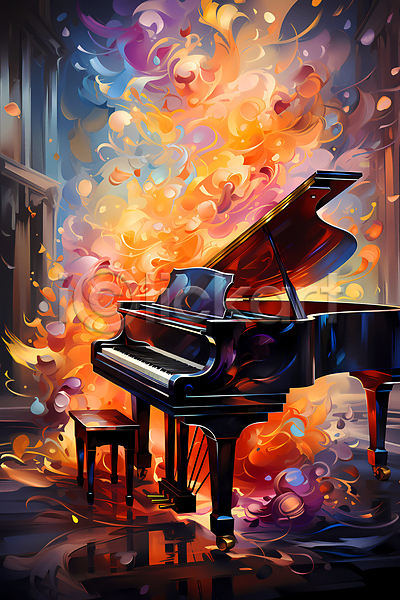 화려 사람없음 JPG 디지털합성 편집이미지 건반악기 결 그랜드피아노 유화 음악 추상 컬러풀 포스터 피아노(악기)