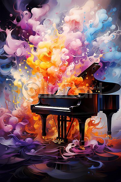 화려 사람없음 JPG 디지털합성 편집이미지 건반악기 결 그랜드피아노 유화 음악 추상 컬러풀 포스터 피아노(악기)