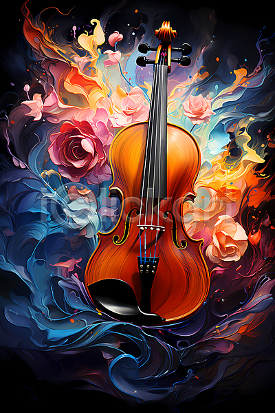 화려 사람없음 JPG 디지털합성 편집이미지 결 꽃 바이올린 유화 음악 추상 컬러풀 포스터 현악기