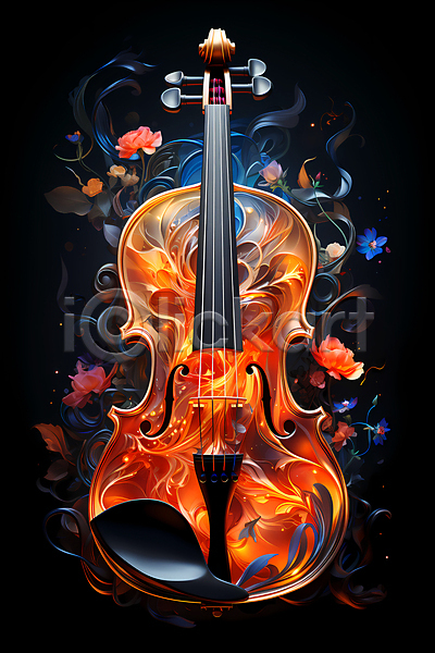 화려 사람없음 JPG 디지털합성 편집이미지 결 꽃 바이올린 유화 음악 추상 컬러풀 포스터 현악기