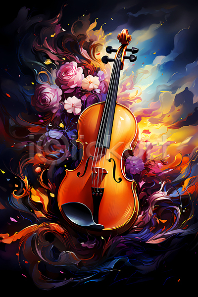 화려 사람없음 JPG 디지털합성 편집이미지 결 꽃 바이올린 유화 음악 잎 추상 컬러풀 포스터 현악기