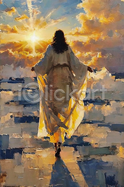 남자 성인 성인남자한명만 한명 JPG 일러스트 걷기 구름(자연) 그림 기독교 모세의기적 붓터치 예수 유화 전신 태양 팔벌리기 햇빛