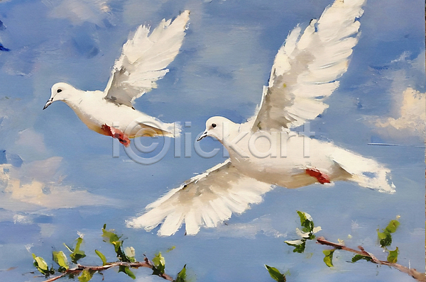 사람없음 JPG 일러스트 그림 기독교 나뭇가지 두마리 붓터치 비둘기 비행 유화 잎 하늘