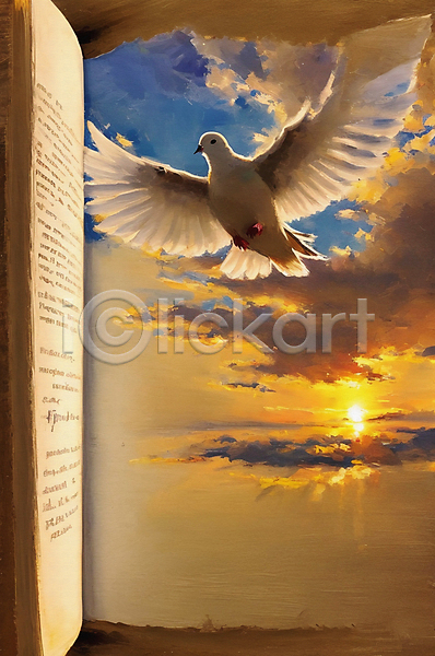 사람없음 JPG 일러스트 구름(자연) 그림 기독교 붓터치 비둘기 성경 유화 일몰 태양 하늘 한마리 햇빛