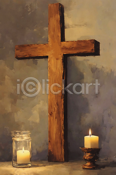 사람없음 JPG 일러스트 갈색 그림 기독교 붓터치 십자가 유리병 유화 초 촛대 촛불