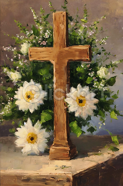 사람없음 JPG 일러스트 그림 기독교 꽃 붓터치 십자가 유화 풀(식물)
