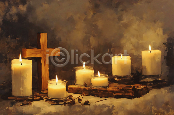 사람없음 JPG 일러스트 갈색 그림 기독교 붓터치 십자가 유화 초 촛불